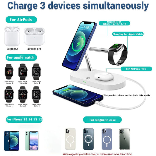 Chargeur magnétique sans fil 3-en-1 pour iPhone 16 15 14 13 12 Station de charge rapide pour Apple Watch 10 9 8 7 6 5 4 Airpods 2 3 Pro