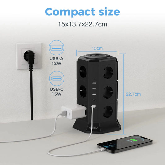 TESSAN Mehrfachsteckdosenleiste mit 12 Steckdosen +3 USB +2 Typ C EU Stecker Turmsteckdose mit 2 Schaltern 2M Verlängerungskabel