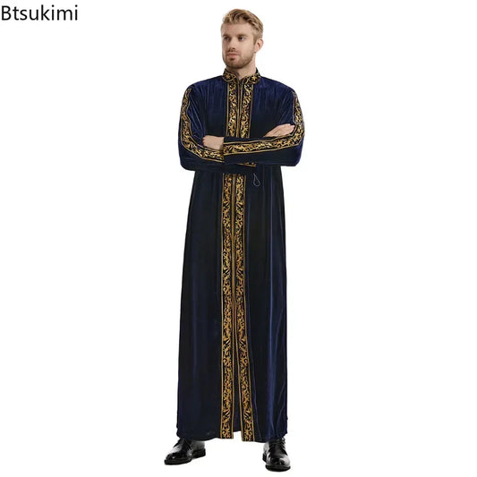 Muslim Men Jubba Thobe Islamic Clothing Velvet Kaftan Thoub Arabic Saudi Robe Dress Jubah Caftan Thawb Ramadan Gown Middle East