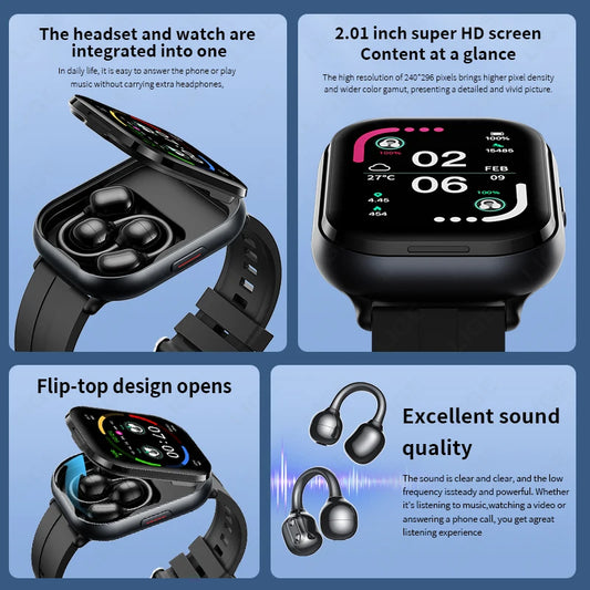 LIGE Neue offene Clip-on-Kopfhörer Smartwatch für Herren und Damen 2,01" HD-Bildschirm Massive Zifferblätter Bluetooth-Anruf Smartwatches