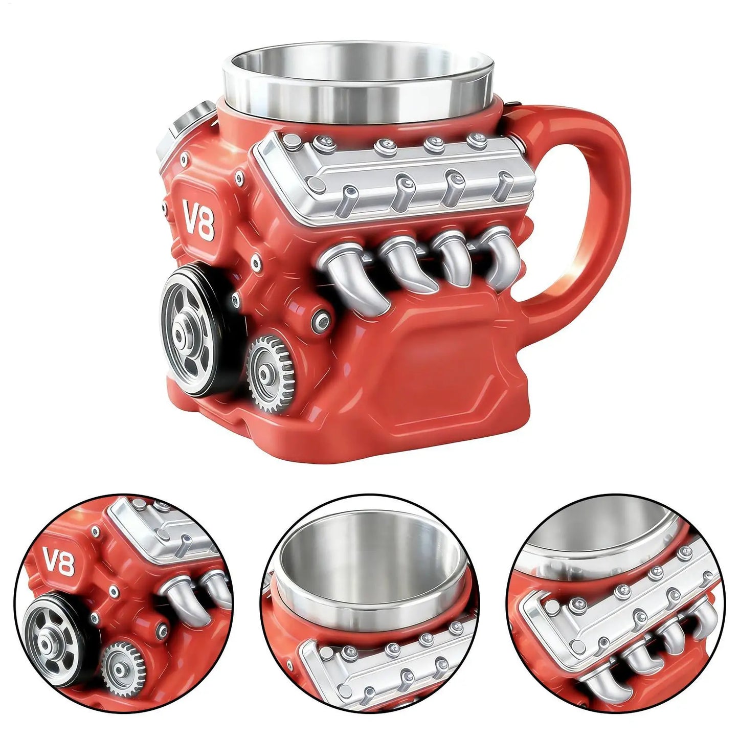 Kaffeetasse Mechanische Tasse Edelstahl V8 Motor Reisebecher für Kaffee für Männer Autoenthusiasten Valentinstag Geburtstag