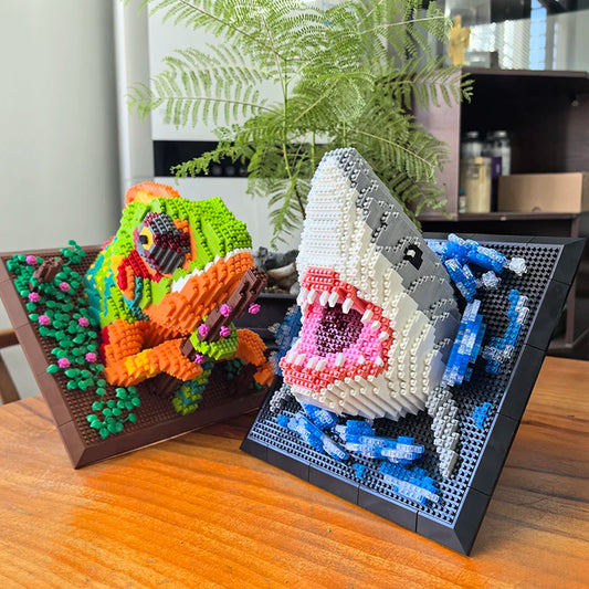 3D Building Blocks Shark Monster Head Mural Wall Block DIY Animal Pendant Wall Decor Wall Hanging Sculpture Home Decor Toys Gift