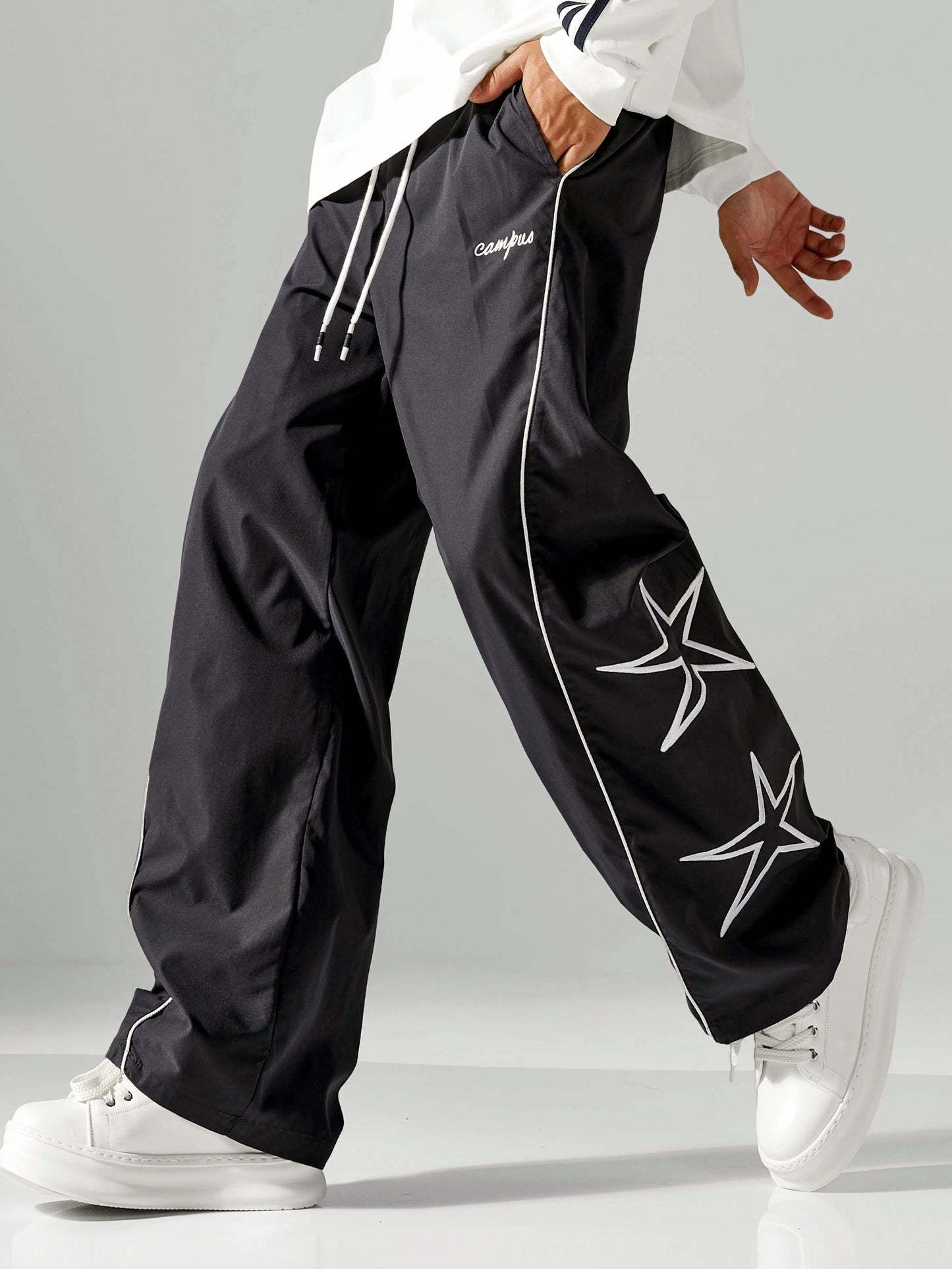 Larbulse Herren-Hosen mit Kontrastbesatz, modische Freizeithosen, einfarbig, atmungsaktiv, locker, gerades Bein, Kordelzug, Streetwear