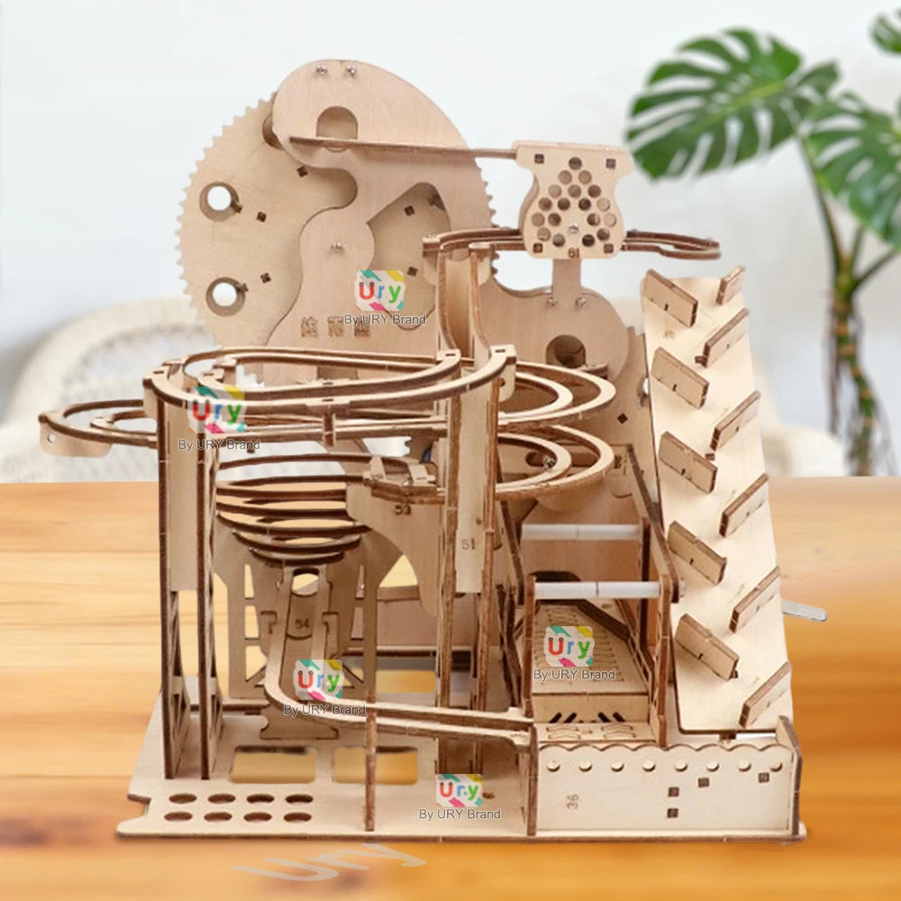 Ury 3D Holzpuzzle Elektrische Murmelbahn Katapult-Schiene Mechanisches Modell Wissenschaftliche Kugeln Labyrinth Bausatz Geschenk für Kinder