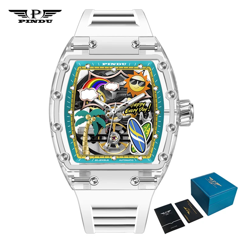 Neue PINDU Uhr Einzigartiges Zifferblatt Design Stil Herren Mechanische Uhr Sommer Strand Modeuhr Leuchtende Wasserdichte Harz Silikonarmband