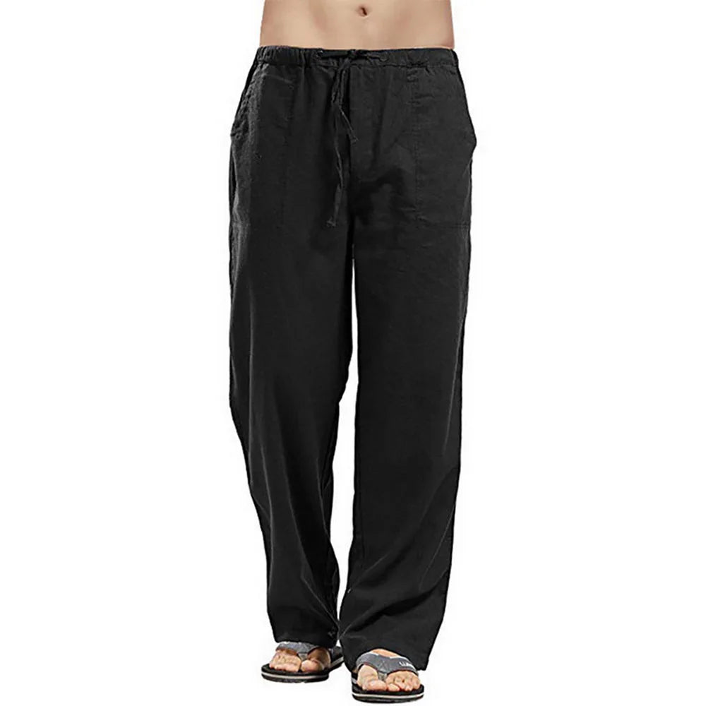 Herren Baumwolle Leinen Lange Hose Leicht Kordelzug mit Taschen Bequeme Gerade Bein Freizeithose für Sommer Strand