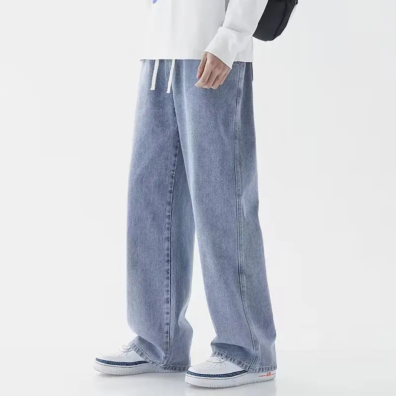Jeans amples coréens pour hommes, taille élastique, couleur unie classique, jean à coupe droite, pantalon large pour hommes, bleu clair, gris, noir