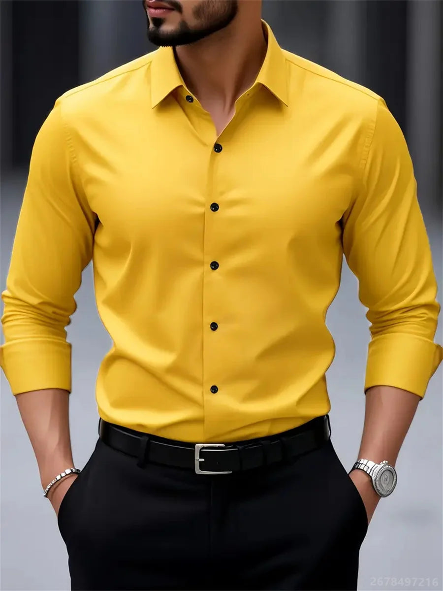 Herrenhemden in 9 Farben, einfarbige Langarmhemden, Slim Fit, bügelfrei, professionelle Hemden, Herrenmode-Oberteile mit Kragen