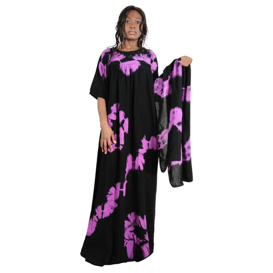 2025 Neuer Sommer Reiner Baumwoll Tie-Dye Langes Lockeres Muslimisches Kleid mit Schal Funkelnde Stickerei Atmungsaktive Bequeme Maxi Abaya