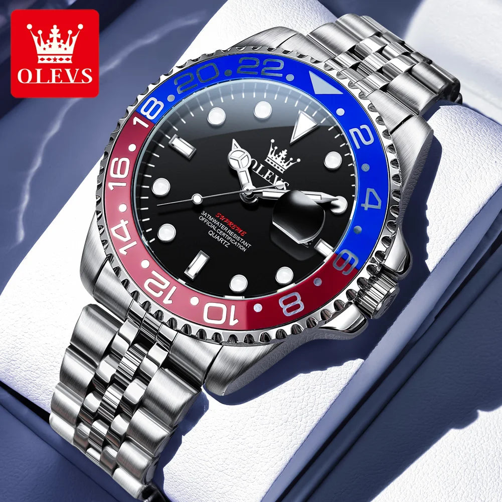 OLEVS 5657 Herrenuhr Original Edelstahl Datum Quarzuhr Wasserdicht Leuchtende Sportuhren für Herren Geschenkbox Reloj