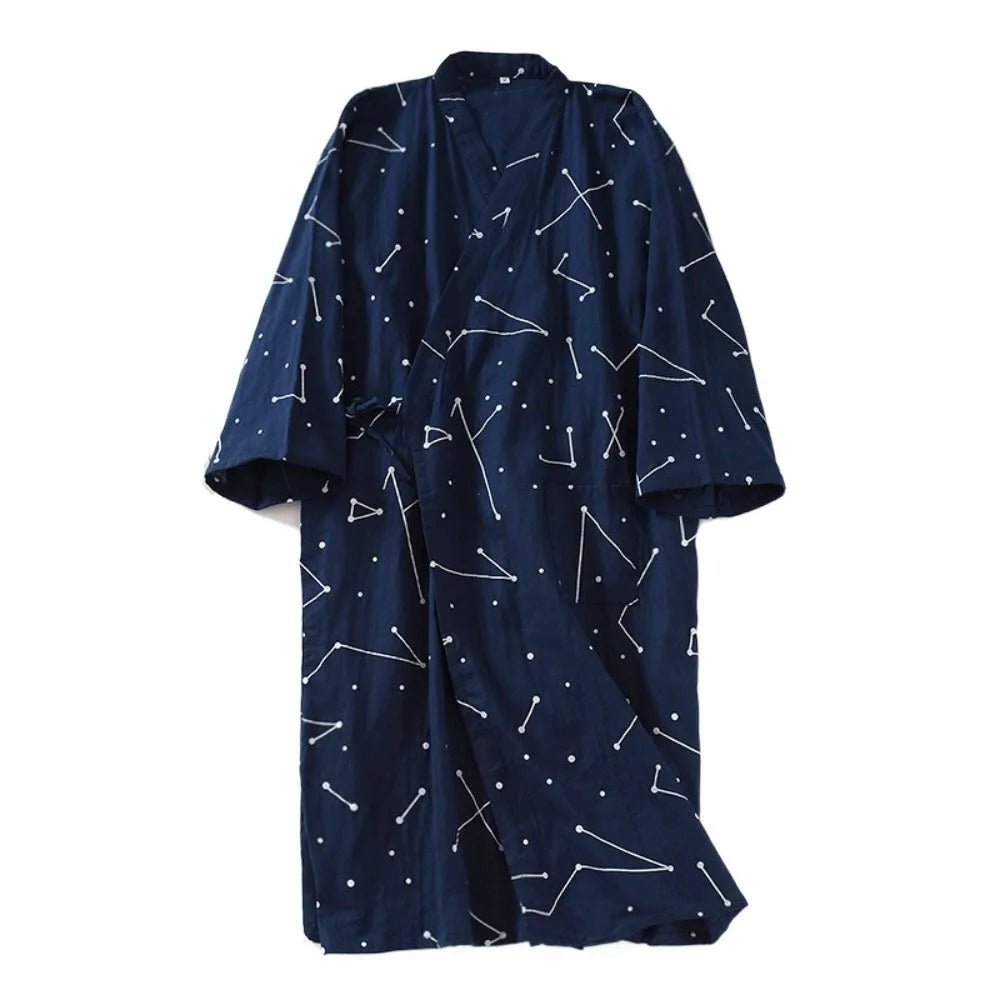 Bath Robe V-Neck Men's Kimono Bathrobe Long Sleeve Loose Kimono Pajamas Casual Thin Japanese-Style Yukata Summer