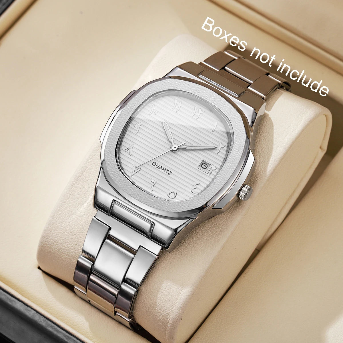 Luxus Herren Business Uhren Mode Quadratisches Zifferblatt Edelstahlarmband Quarzuhr mit Kalender für Herrenuhr (Ohne Box)