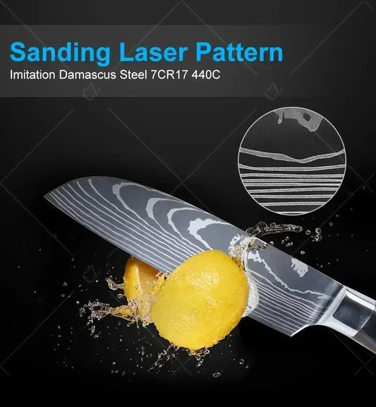 Damascus Chef's Knife Kitchen Knives Set Professional Boning Knife Meat Cleaver Utility Knife Japanese Santoku Knife with Cover