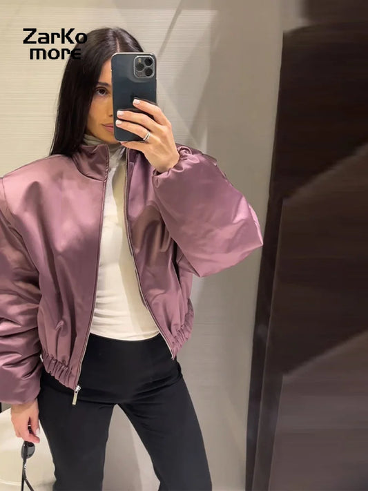 Fashion Y2K Satin Bomber Jacket Women Mauve Puff Sleeve Cropped Zip Up Casual Outerwear 2026 Spring Lady Chic Street Coats New