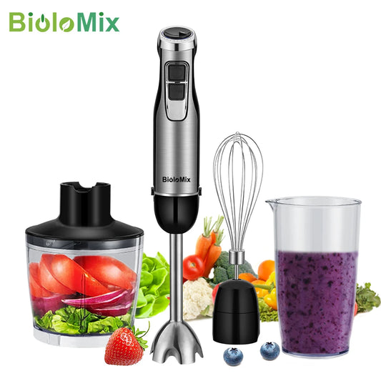 BioloMix Mixeur Plongeant 4-en-1 Haute Puissance 1200W avec Hachoir et Gobelet à Smoothies Lames en Acier Inoxydable pour Glace