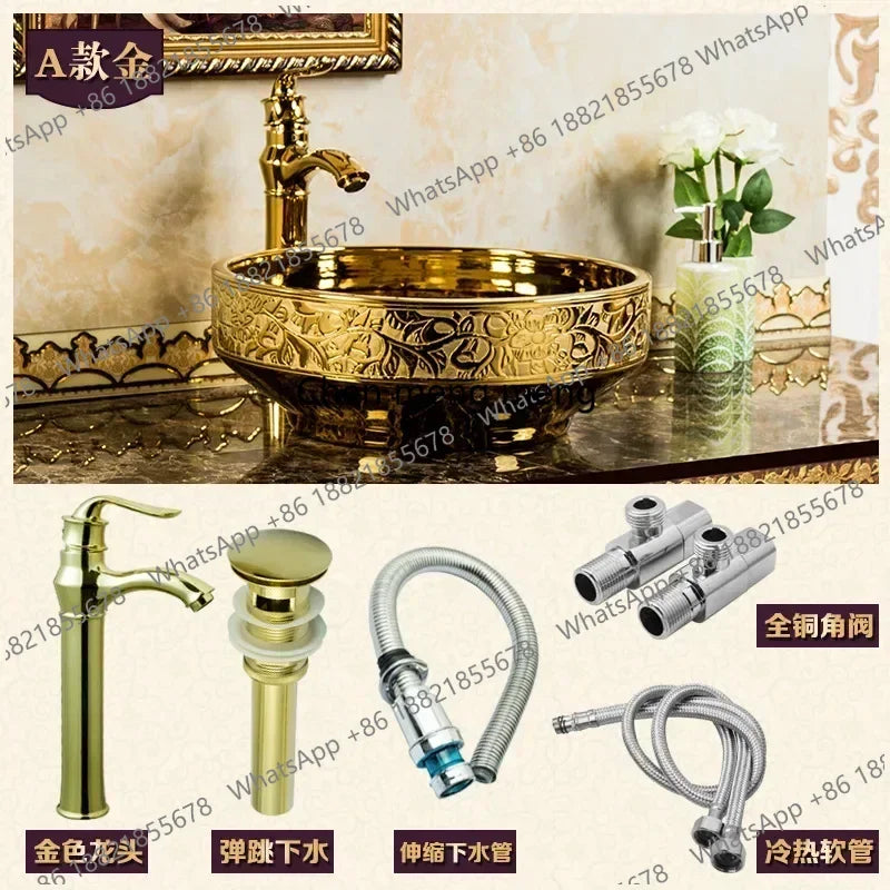 A17 Luxus Gold Badezimmer Waschbecken Haushalt Keramik Waschbecken Kreative Toilette Rund Aufsatzwaschbecken Einfaches Badezimmer Zubehö