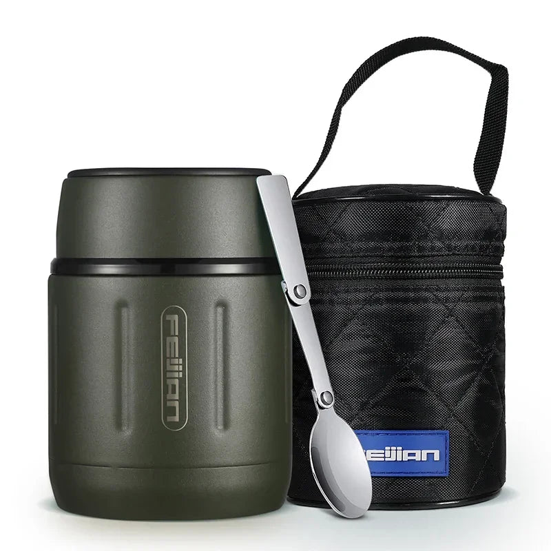 FEIJIAN 500ml Tragbare Vakuumflasche Essen Thermoskanne 316 Edelstahl Einfache Vakuumisolierte Lebensmittelbox mit Löffel Kinder Lunchbox
