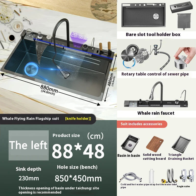 Stainless Steel Kitchen Sink Multifunctional Digital Display Waterfall Large Single Slot With Rack For Knife Wash Dish Basin