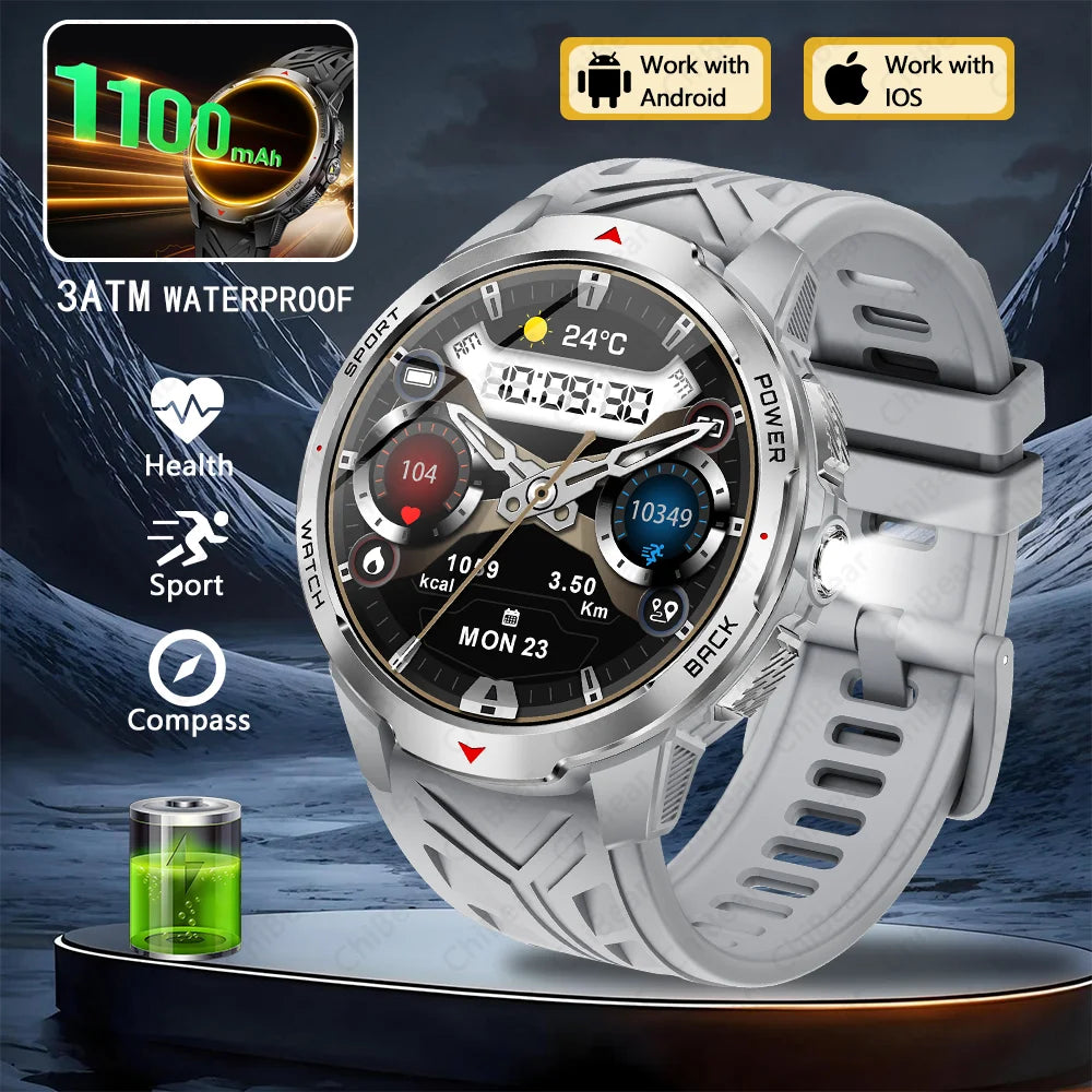 1100mAh Militärische Outdoor-Smartwatch Herren 1,7-Zoll Großes Display Kompass Sportuhr IP68 Wasserdicht Bluetooth Anruf Smartwatch