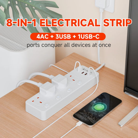 UK-Stecker AC-Steckdosenleiste Individueller Schalter 1,8 m Verlängerungskabel Mehrfachsteckdose mit 3 USB- und 1 Typ-C-Anschlüssen Ladenetzwerkfilter