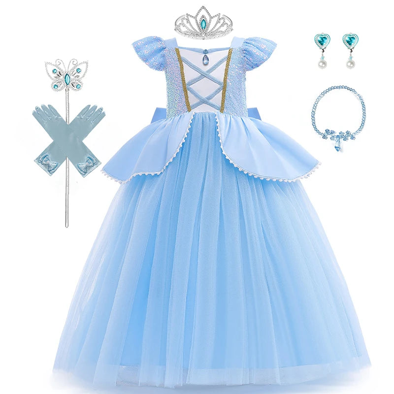 2-10Y Cinderella Kleid Prinzessin Cosplay Kostüm für Mädchen Festliches Verkleiden 2025 Kinder Weihnachts-Geburtstagsparty-Outfit mit Handschuhen