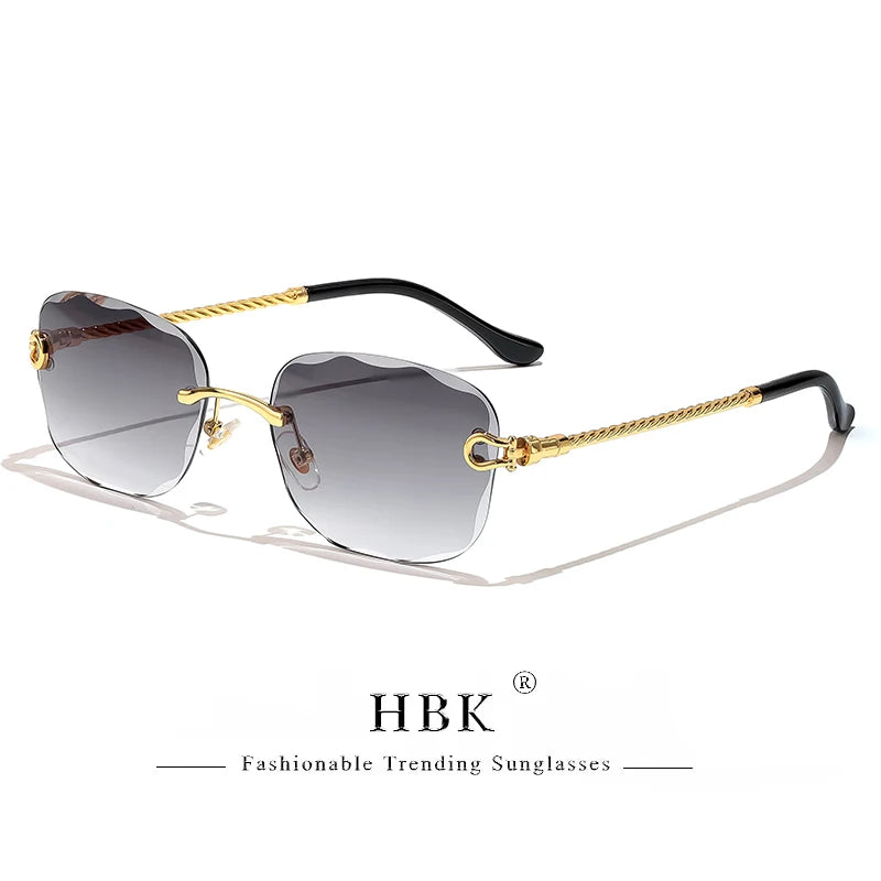 HBK Rahmenlose Metall Sonnenbrille Herren Wellenform geschnitten Sonnenbrille für Damen Reise Shopping Brille UV400 Sommer Stil