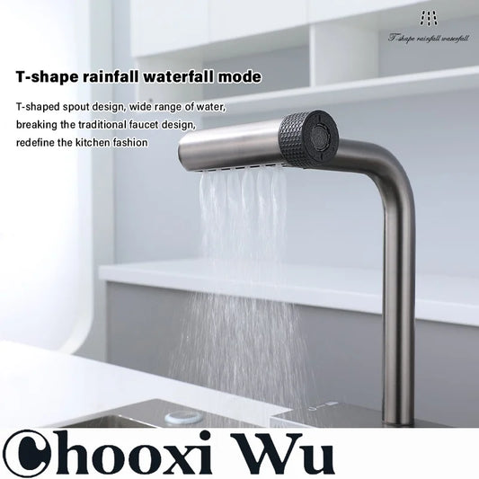 Kitchen pull-out stainless steel faucet, multi-function spout, hot and cold dual control, ceramic valve core