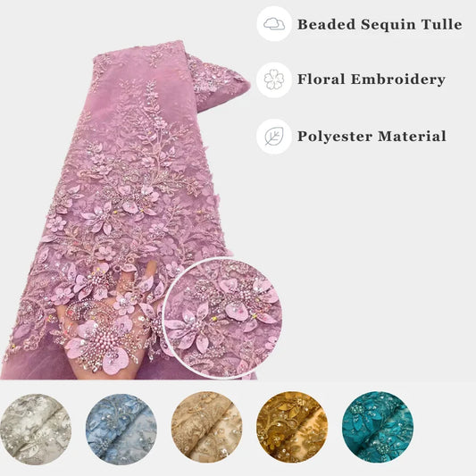 Französischer Pailletten-Perlen-Stoff Pink Polyester zum Nähen von Hochzeits-Party-Spitzenkleidern Patchwork-Material Tüllstoff 5 Yards