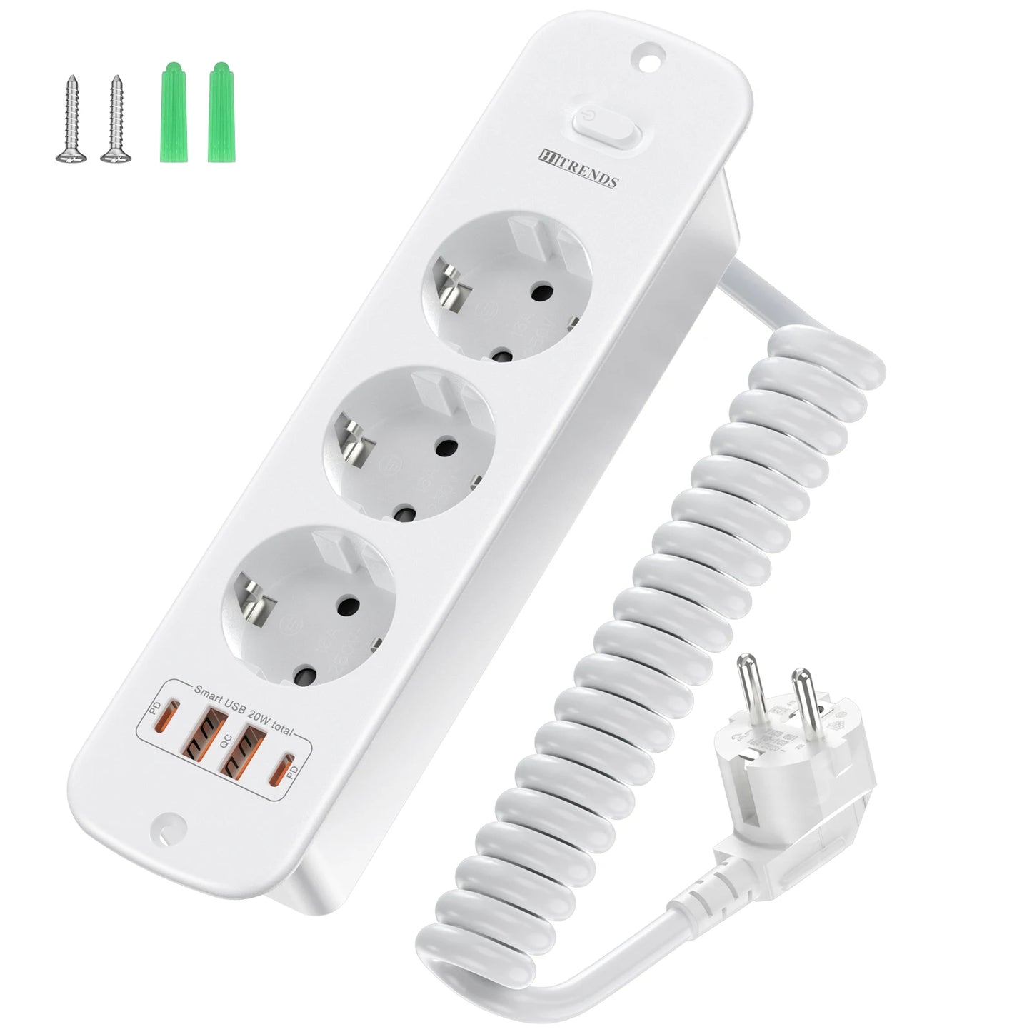 EU-Steckdosenleiste für den Schreibtisch, 3/4-fach + 4 USB-Smart-Schnellladeports, Hauptschalter, 2 Meter Feder-Verlängerungskabel