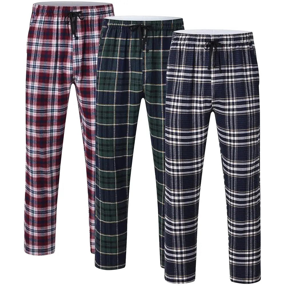 Herren 3-teiliges Pyjamahosen-Set aus Baumwolle mit Karomuster, lange Schlafhose mit Karodruck, Pyjamahose mit elastischem Bund für Zuhause