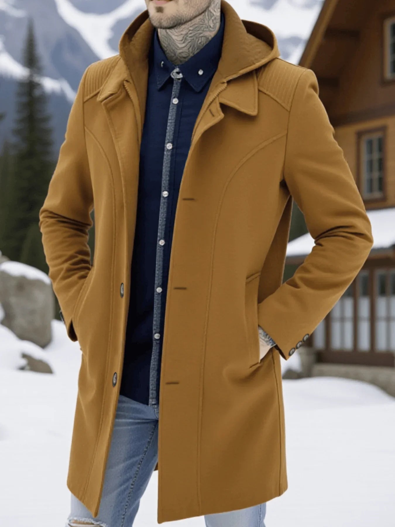 Herren konvertierbarer Wollmantel Einreiher & Reißverschluss Kapuze Knitterarm Trench-Stil für das Stadtleben Winter Herrenbekleidung