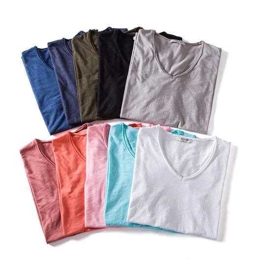 AIOPESON LOT DE 5 PIÈCES T-shirts Col V 100% Coton Homme Décontracté Coupe Ajustée Couleur Unie T-shirt d'été pour Homme Qualité Neuve