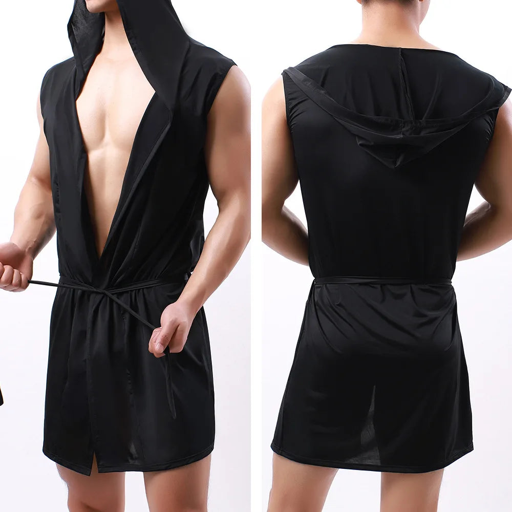 Sexy Nachtwäsche Herren Bademäntel Weich Seidig Ärmelloses Nachthemd Herren Homewear Morgenmantel Herren Pyjamas (Keine Shorts)