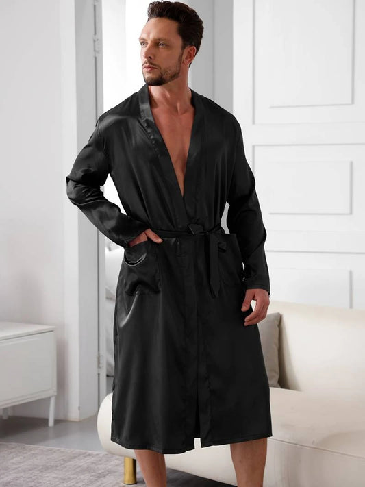 Herren Schlafanzug Schwarz Anzug Super-stylisch Edler Schlafanzug V-Ausschnitt Langarm Robe und Shorts Nachtwäsche Set für entspannten Schlaf