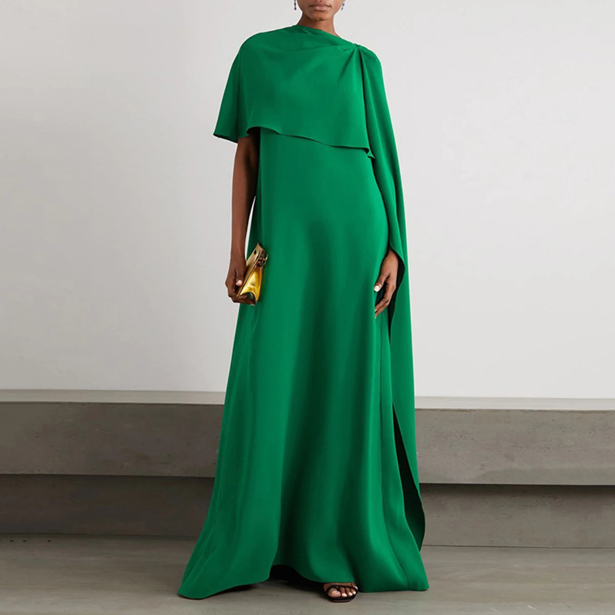 Onecozyday Damen Abendkleid Einfarbig Rundhals Asymmetrisches Bodenlanges Wickelkleid Frühling Sommer Neu Plissiertes Kleid 2024