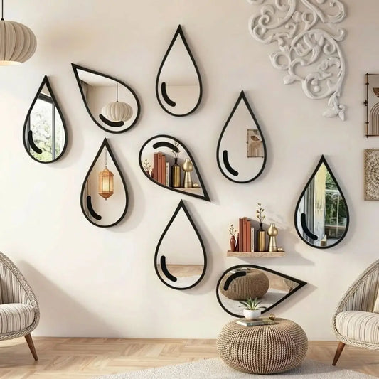 3 Pcs Autocollants Muraux Miroir Acrylique Autocollants Muraux Imperméables en Forme de Goutte d'Eau Miroir Cadre Noir Minimaliste