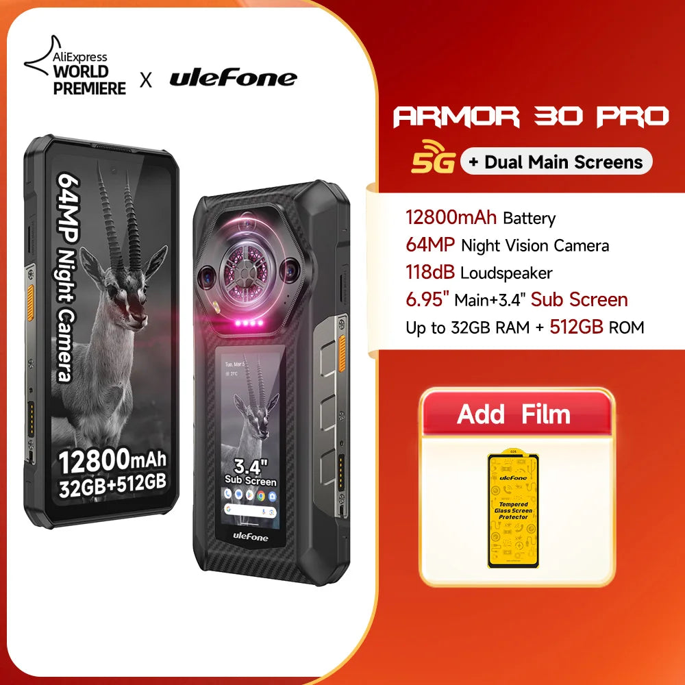 Ulefone Armor 30 Pro 5G Outdoor-Smartphone Android 14 6,95" 120Hz 32GB+512GB 12800mAh Nachtkamera 64MP NFC