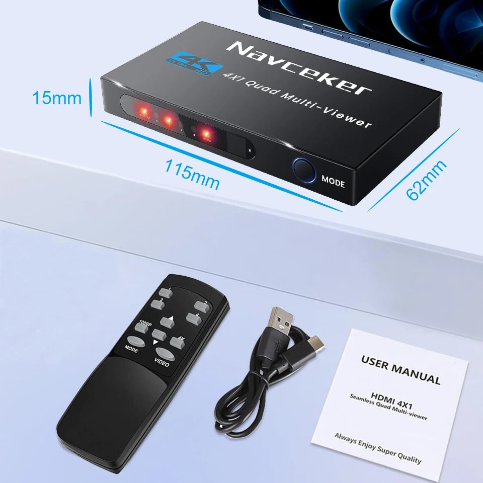 4K HDMI Quad-Screen-Multiviewer 4x1 1080P 4-in-1-out HDMI Multi Viewer Nahtloser Umschalter 9 Anzeigemodi für Kamera Laptop PC TV