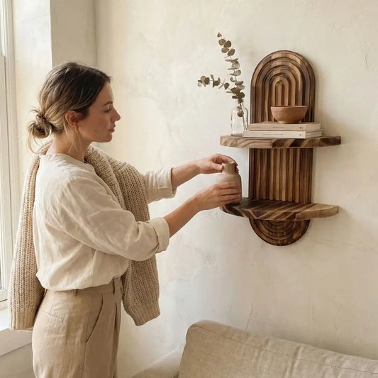 Oval Threaded Wooden Wall Shelves Geometric Natural Boho Style Rack Decorative Vintage Arched Floating Shelf Bedroom