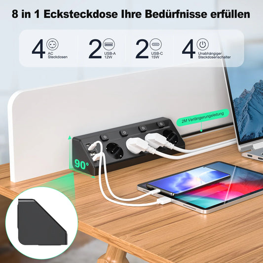 Multiprise de bureau Euro avec 2 USB-A et 2 Type-C, prises d'angle, parasurtenseur avec interrupteurs indépendants