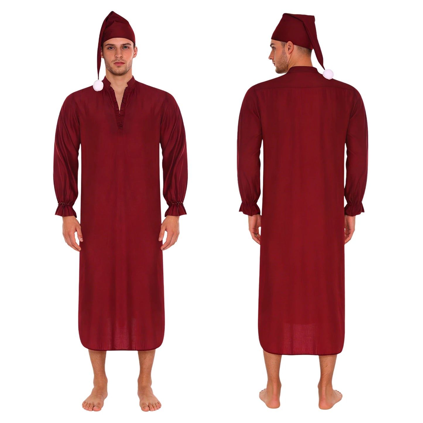 Herren Vintage Nachthemd Schlafanzug mit Schlafmütze V-Ausschnitt Rüschenbesatz Langarm mit Kordelzugbündchen Lockeres Schlafkleid