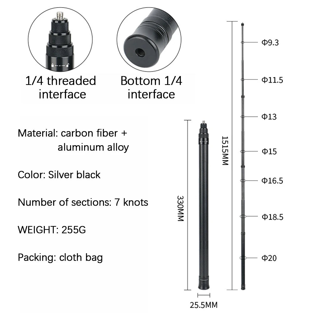 HONGDAK 3m Carbonfaser ausziehbares Monopod Extended Edition Unsichtbarer Selfie-Stick für Insta360 X3 X2 Für Go Pro Stick Stativ