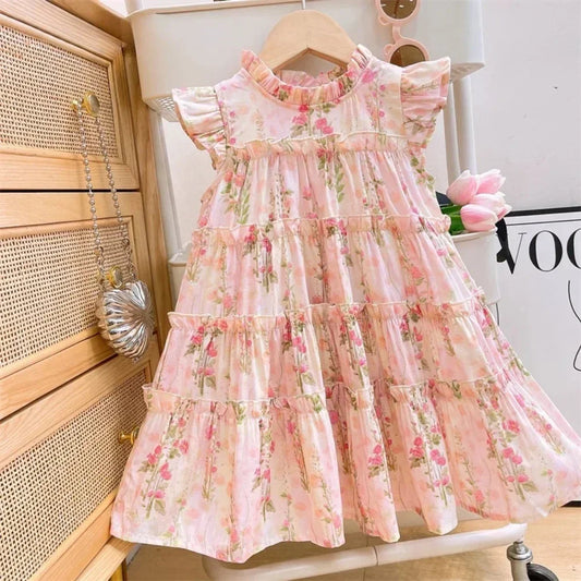 3-7 Years Old Summer New Princess Dress Pink Round Neck Sleeveless Lace Flower Print Girls' Casual Clothes Birthday Party Wear