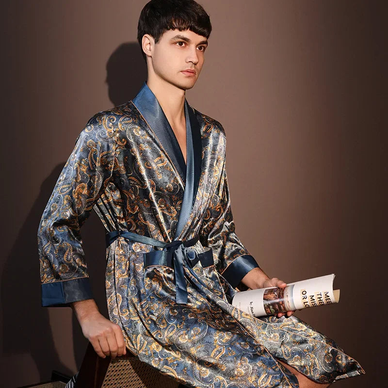 Herren Sommer Dünner Bademantel Hochwertige Nachthemden Einteiler Herren Loungewear Herren Frühling Große Größe Eisseide Bedruckter Pyjama