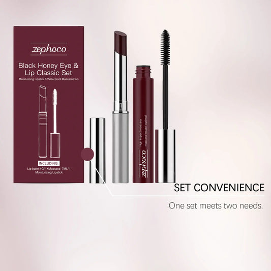 Black Honey Iconic Eye & Lip Makeup Set - Black Volumizing Mascara + Hydrating Shine Lipstick, Lash Curling Cosmetic Tools