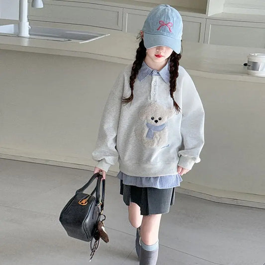 Sweat-shirt Fille 2025 Nouveau Polo à Capuche Fausse-Superposition Printemps/Automne Enfants Moyen-Grand Ample Dessin Animé Chiot Top