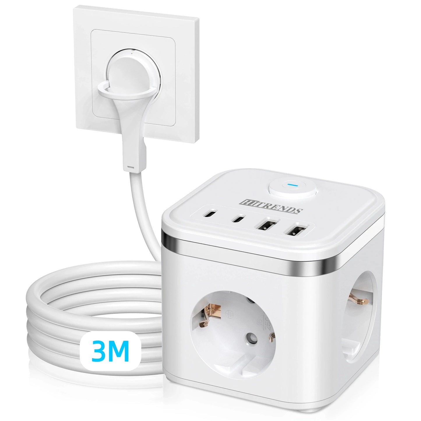 7-in-1 EU Multi-function Power board Ultra-thin flat plug with 3 AC power outlets 2 USB-C and 2 USB-A 2-meter extension cords