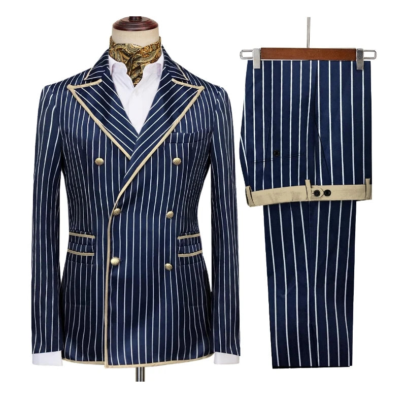 Hochwertige gestreifte Herrenanzüge Neu eingetroffen Sakko mit steigendem Revers Zweireiher 2-teiliger schmaler eleganter Business-Anzug (Blazer+Hose)