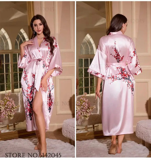 Big Size Kimono Bathrobe Gown Print Flower Long Robe Negligee Home Clothing Spring Summer New Sleepwear Nightgown Loose Pajama