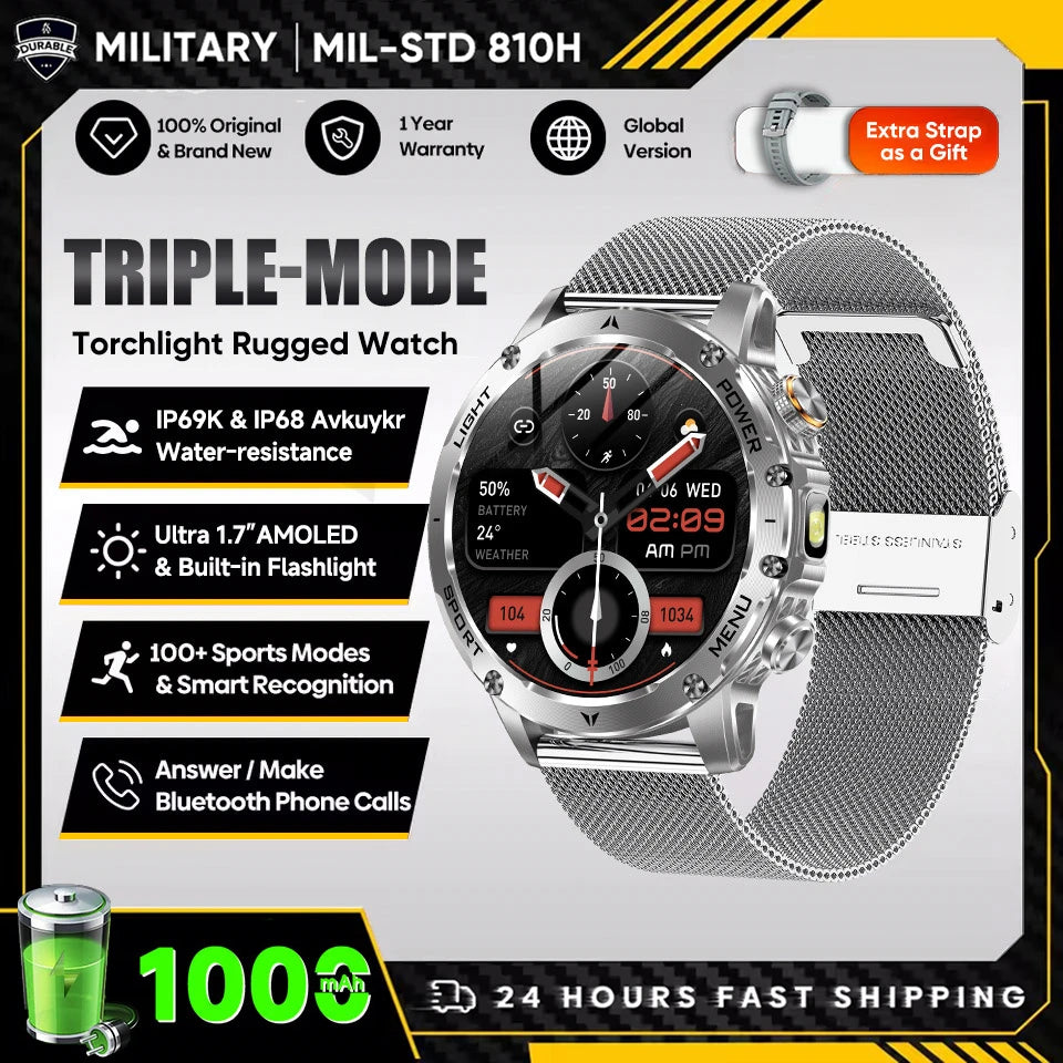 2025 Neue Militär T-Rex 3 Ultra 1000mAh Akku Smartwatch 5ATM Wasserdicht Taschenlampe Herzfrequenz Sport Tracker Smartwatch Herren